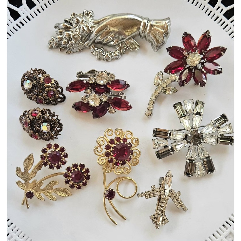 Vintage Red Rhinestone Brooch Pin Lot